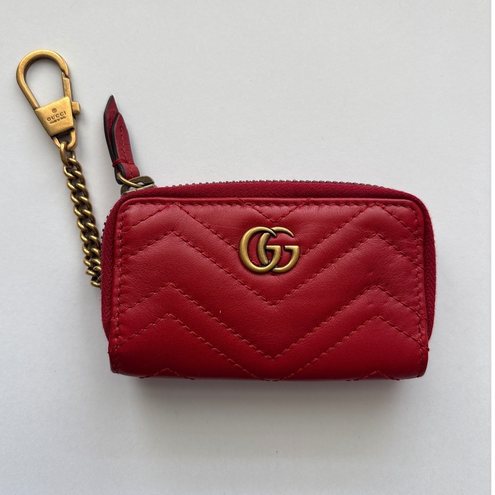 Gucci GG Marmont Red Matelasse Leather Small Key Case Pouch Zip Wallet 498127